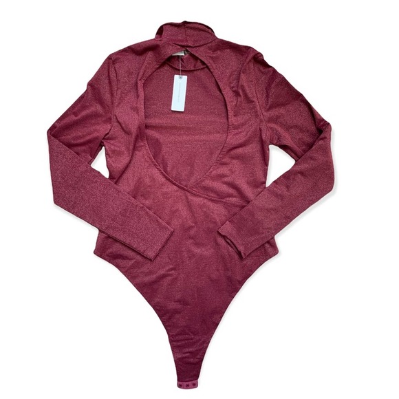NWT Anthropologie Shimmer Open Back Long Sleeve Bodysuit. Plum - Picture 3 of 7